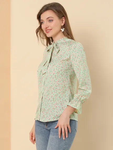 Allegra K- Floral Bow Tie Neck Button Up Ruffled Collar Casual Blouse