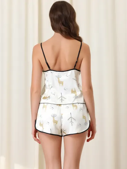 cheibear - Printed Satin Camisole Top Shorts Pajama Set