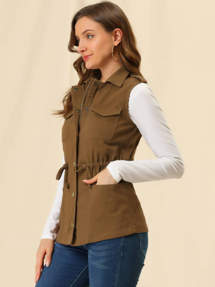 Allegra K- Sleeveless Zip Up Drawstring Waist Cargo Vest