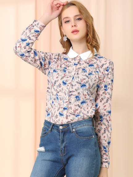 Allegra K- Contrast Collar Top Button Down Shirt Long Sleeve Work Floral Blouse