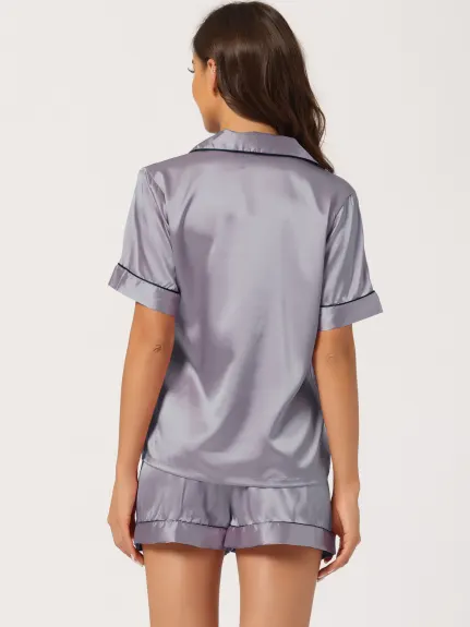 cheibear - Satin Button Down Sleepshirt with Shorts Set