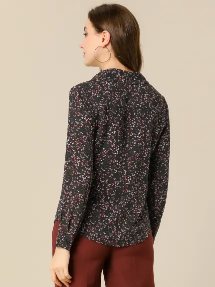 Allegra K- V-Neck Shirt Floral Faux Pocket Blouse