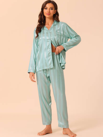 cheibear - Satin Lounge Stripe Button Down Pajama Sets
