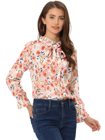 Allegra K- Floral Bow Tie Neck Button Up Ruffled Collar Casual Blouse
