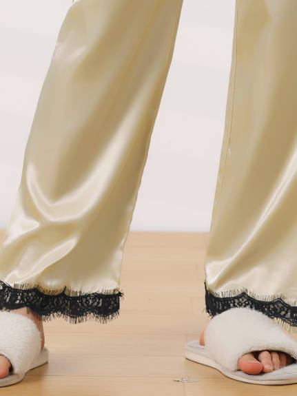 cheibear - Pantalon de nuit en satin à jambe large et bordure en dentelle