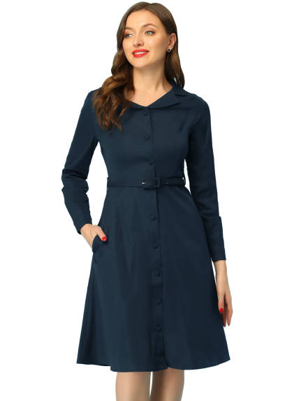 Allegra K- robe chemise ceinturée col plat manches longues robe Vintage rétro