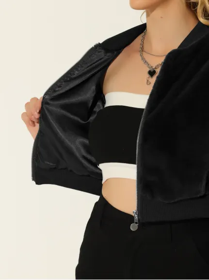 Allegra K- Faux Fur Long Sleeve Zipper Up Crop Jacket
