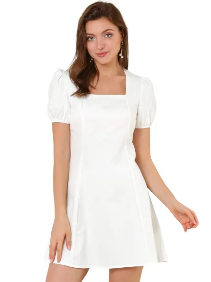 Allegra K- Mini-robe trapèze à manches bouffantes et col carré