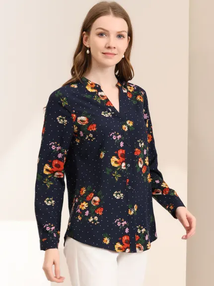 Allegra K- V Neck Long Sleeve Floral Shirt Blouse