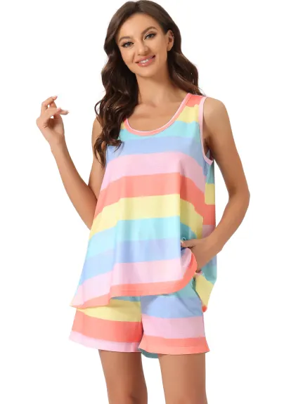 cheibear - Rainbow Stripe Lounge Outfits with Pockets