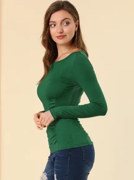 Allegra K- Round Neck Long Sleeve Fitted Ruched Top