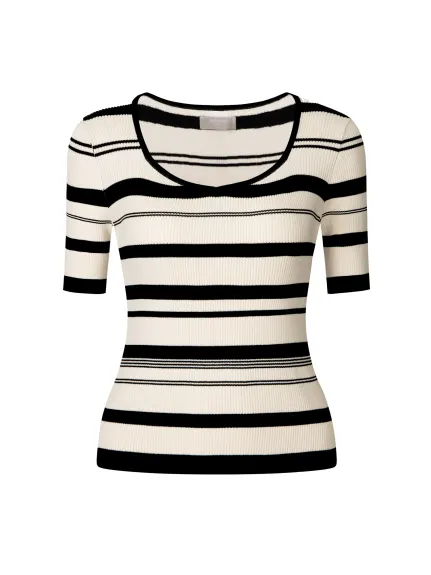 Hobemty- Short Sleeve Striped Knit Top Black Cream Stripe