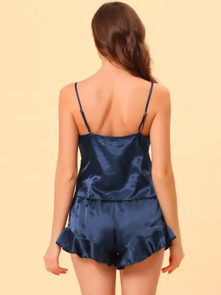 cheibear - Satin Lingerie Ruffle Shorts Pajamas Set