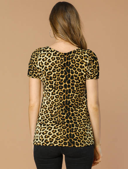Allegra K- T-shirt en tricot léopard à manches courtes et col en U