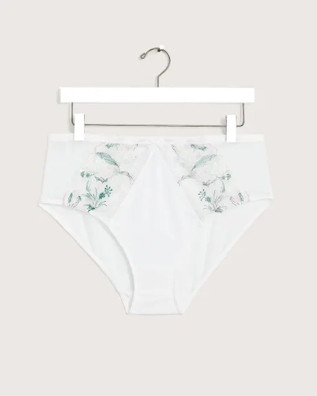 High-Cut Microfibre and Mesh Brief with Floral Embroidery - Déesse Collection