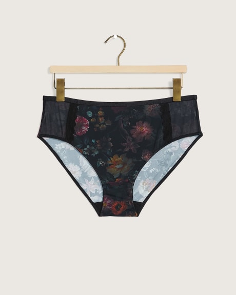 Printed Microfibre High-Cut Brief with Mesh and Lace Sides - Déesse Collection