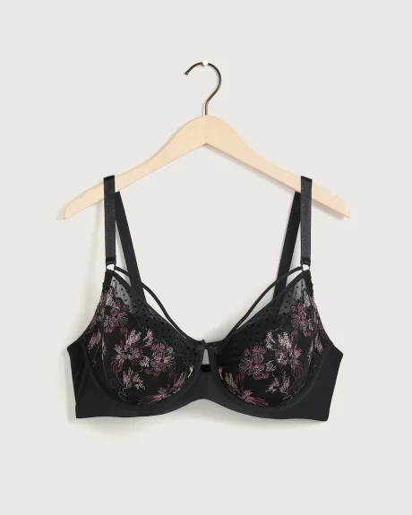 Balconette Bra With Floral Embroidery and Polka Dot Mesh - Déesse Collection
