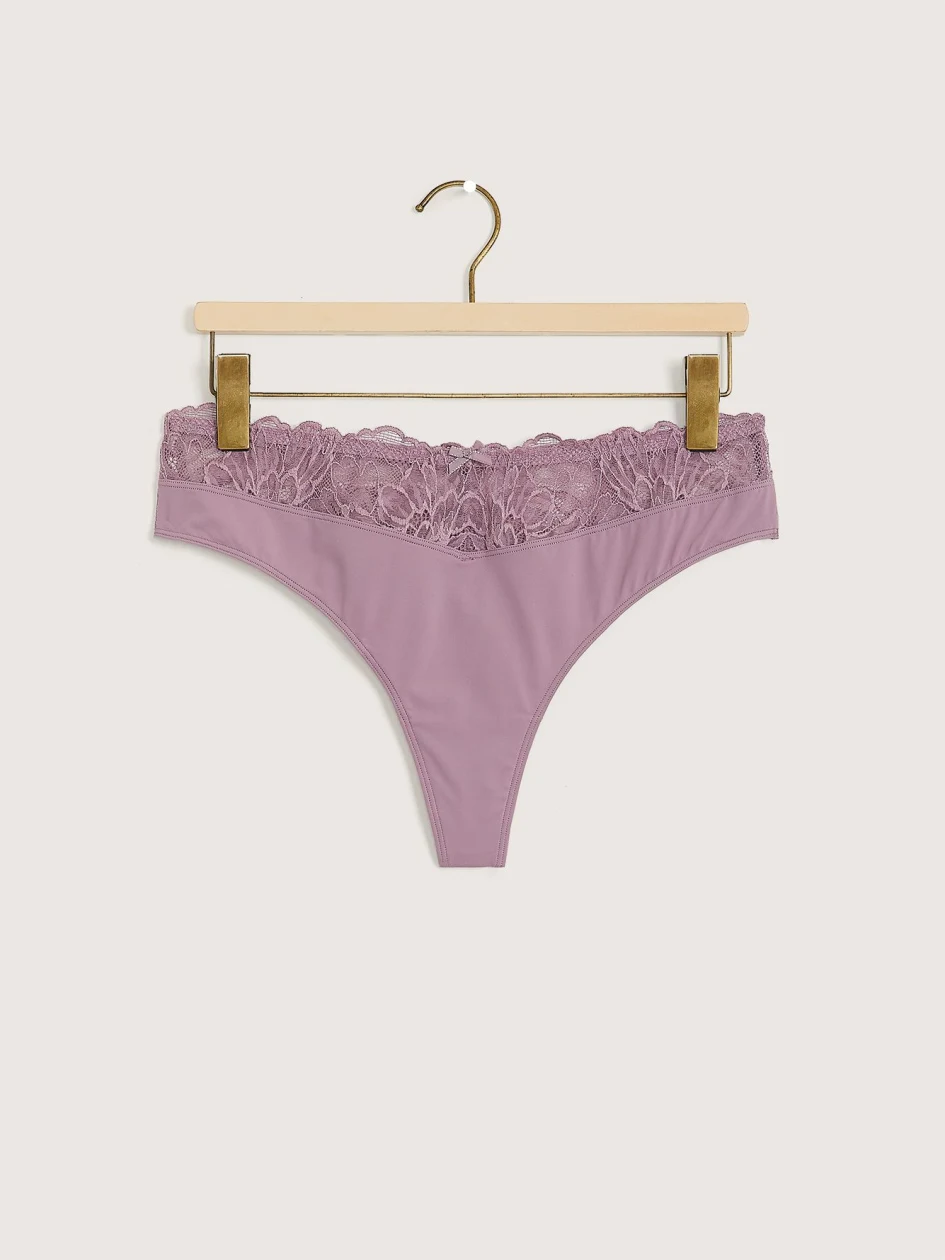 Solid Microfibre Thong with Lace Waistband and Back - Déesse Collection