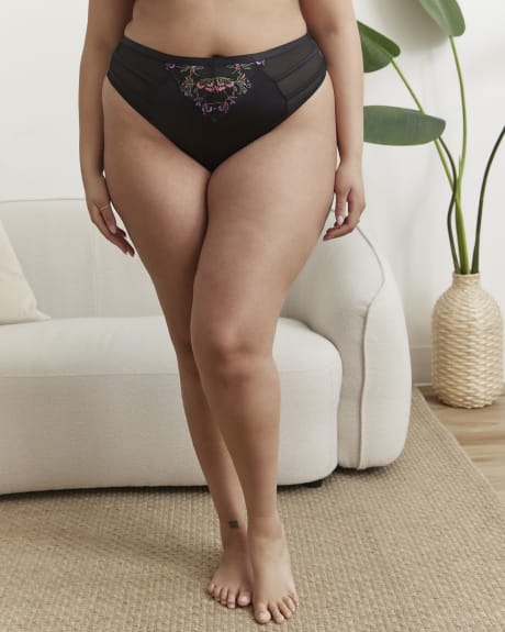 Culotte tanga noire sexy avec mesh et dentelle - Déesse Collection