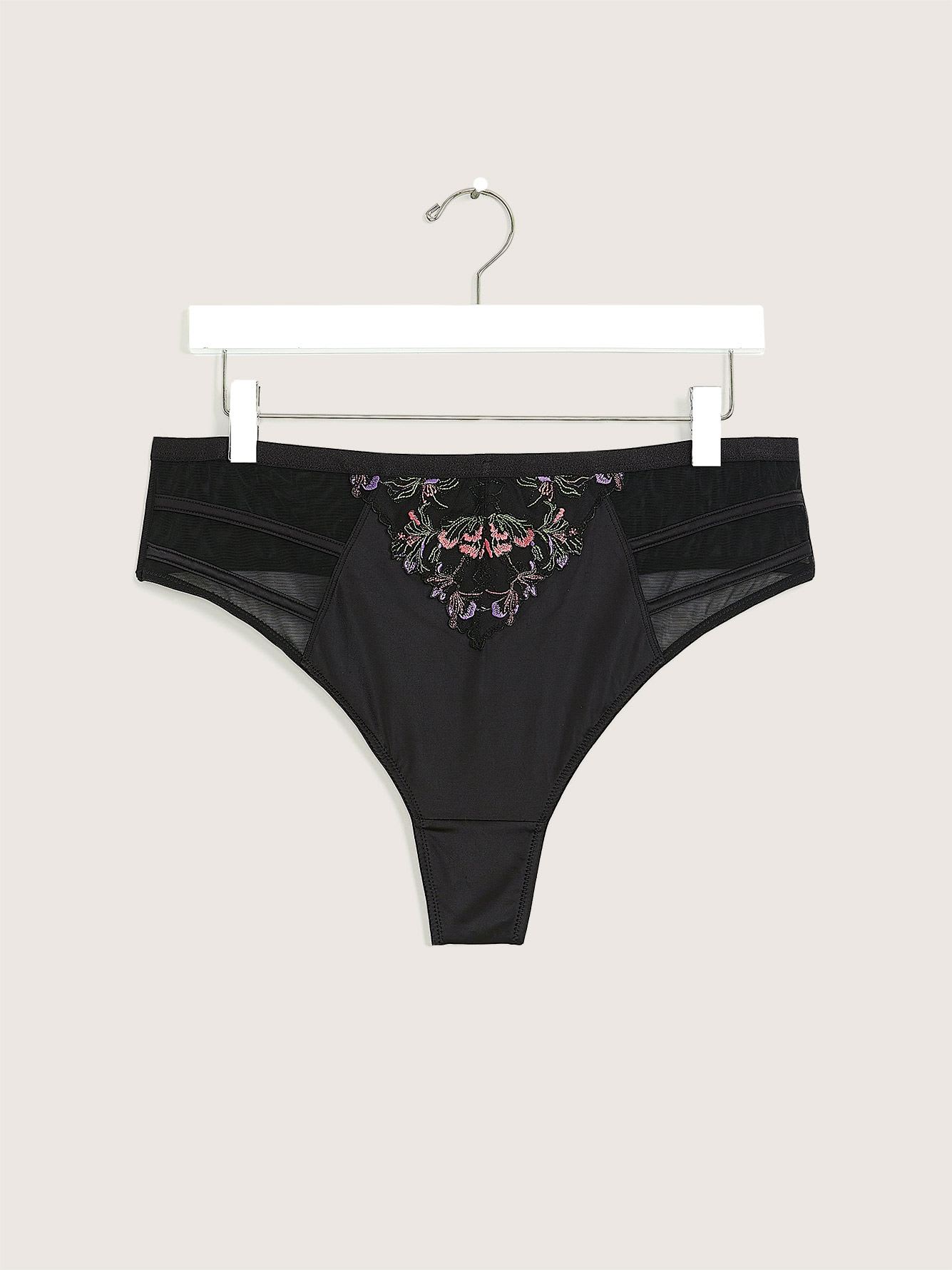 Sexy Black Satin Thong with Lace and Mesh - Déesse Collection