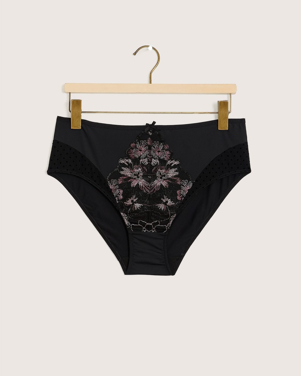 Black High-Cut Brief With Floral Embroidery and Polka-Dot Mesh - Déesse Collection