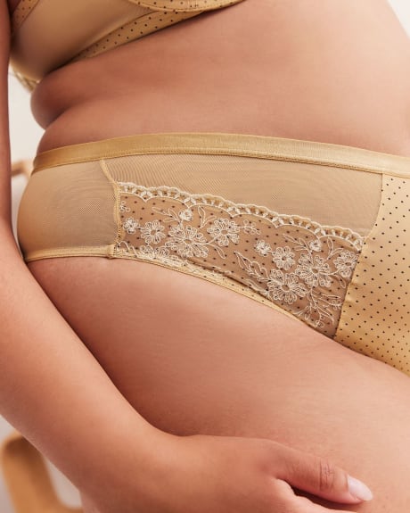 Dotted Microfibre Thong with Lace Embroidery and Mesh - Déesse Collection