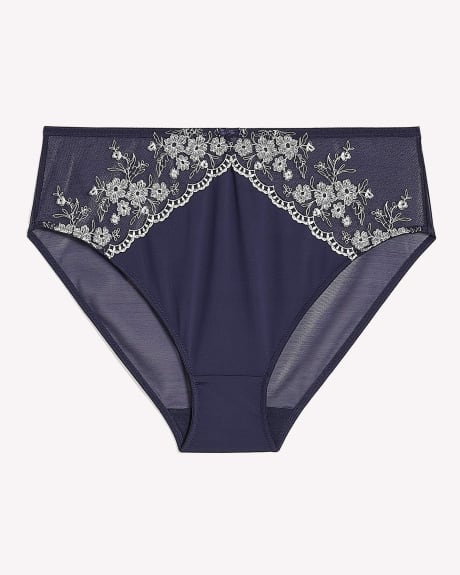 Blue High-Cut Brief with Lace Embroidery and Mesh Back - Déesse Collection