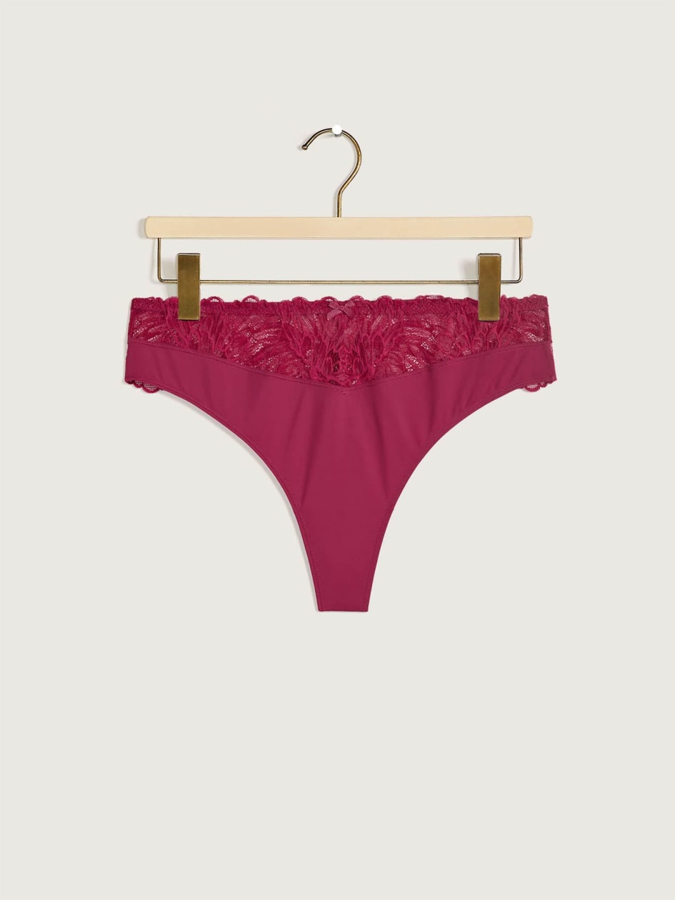Solid Microfibre Thong with Lace Waistband and Back - Déesse Collection