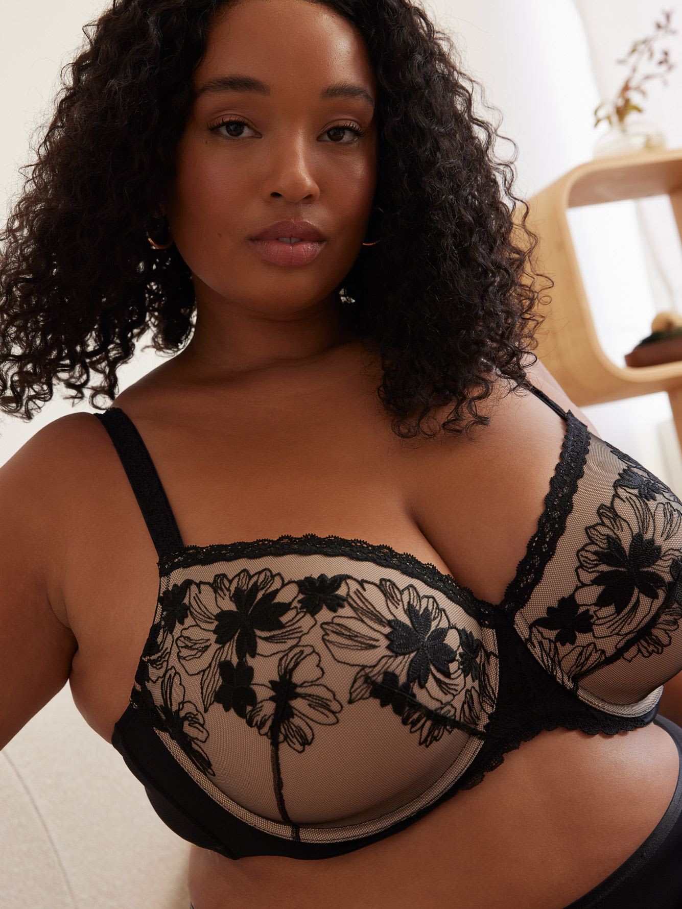 Black Underwire Padded Balconette Bra with Lace Trim - Déesse Collection