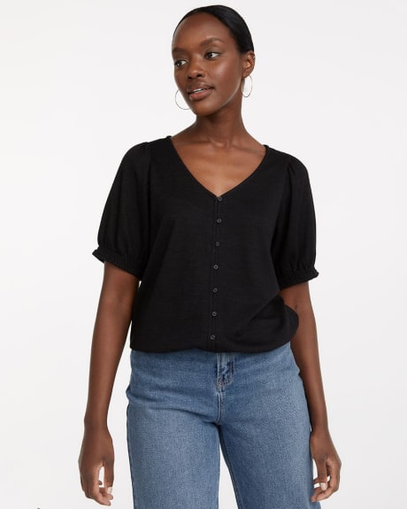 Solid Short-Sleeve Top with Decorative Buttons