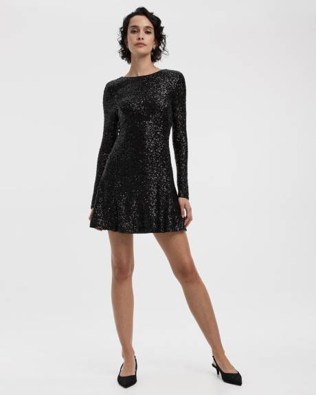 Long-Sleeve Mini Fit-and-Flare Sequins Dress