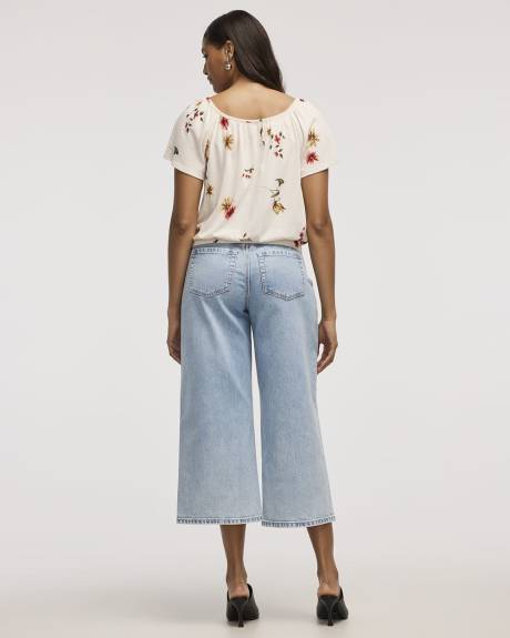 Short-Flutter-Sleeve Open-Neck Buttoned-Down Top