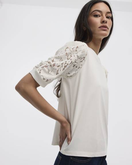 Crew-Neck Mix-Media T-Shirt with Puffy Elbow Sleeves