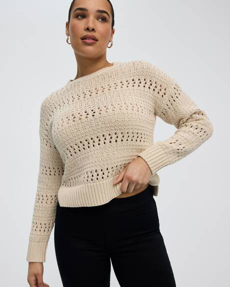 Long-Sleeve Crew-Neck Open-Stitch Pullover
