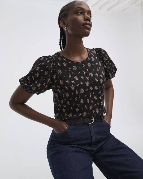 Puffy-Elbow-Sleeve Crew-Neck Top