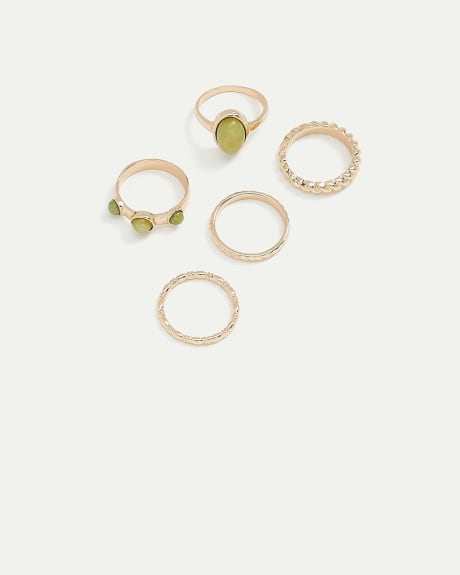 Textured Rings with Stone, Set of 5