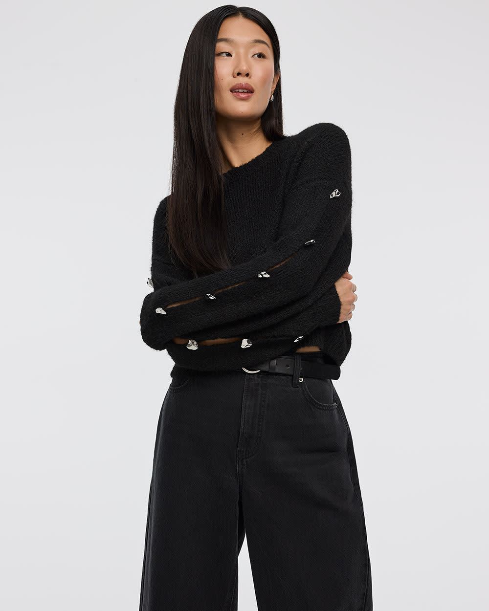 Long-Sleeve Boat-Neck Sweater with Jewelled Details