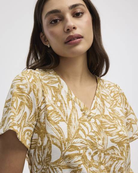 Short-Flutter-Sleeve V-Neck Buttoned-Down Blouse