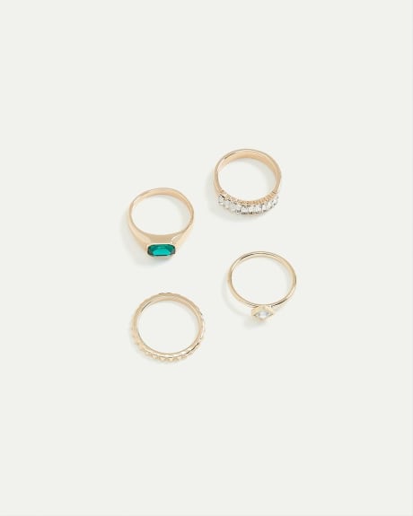 Rings with Green and Clear Stones - Set of 4