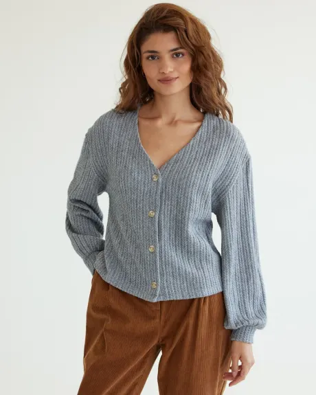 Long-Sleeve V-Neck Buttoned-Down Short Cardigan