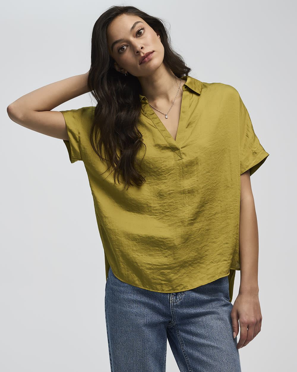 Extended-Sleeve V-Neck Blouse with Shirt Collar
