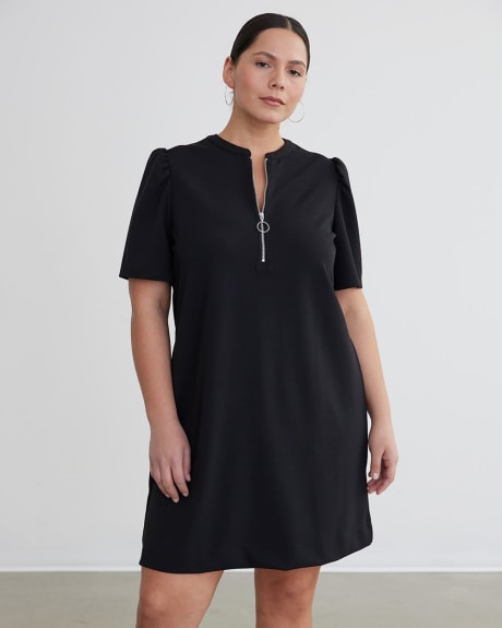 Puffy-Short-Sleeve Dress with Half-Zip Neckline
