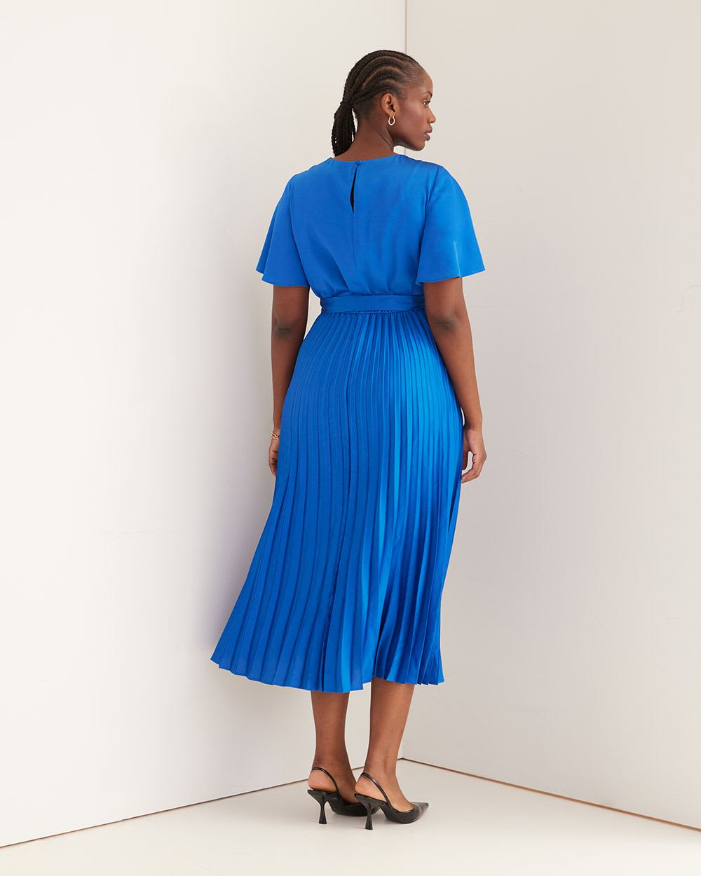 Pleated Maxi Dress with Short Flutter Sleeves