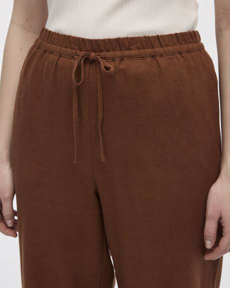 Pantalon en m&eacute;lange de lin &agrave; jambe large et taille haute - Petite