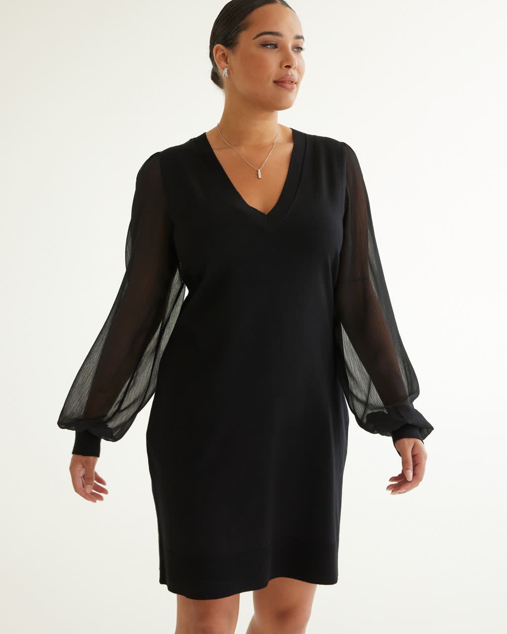 Long-Balloon-Sleeve V-Neck Fitted Dress, Regular