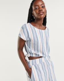 Short Sleeve Striped Linen Cropped Blouse
