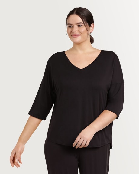 Black Ultra Soft V Neck Tee with Extended ¾ Sleeves Hyba