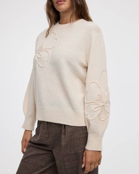 Long-Sleeve Crew-Neck Sweater with Soutache Flowers