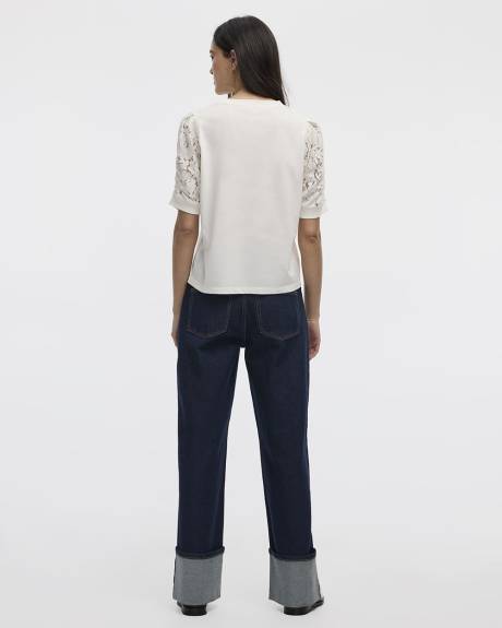 T-shirt bimatière à manches aux coudes bouffantes et col rond