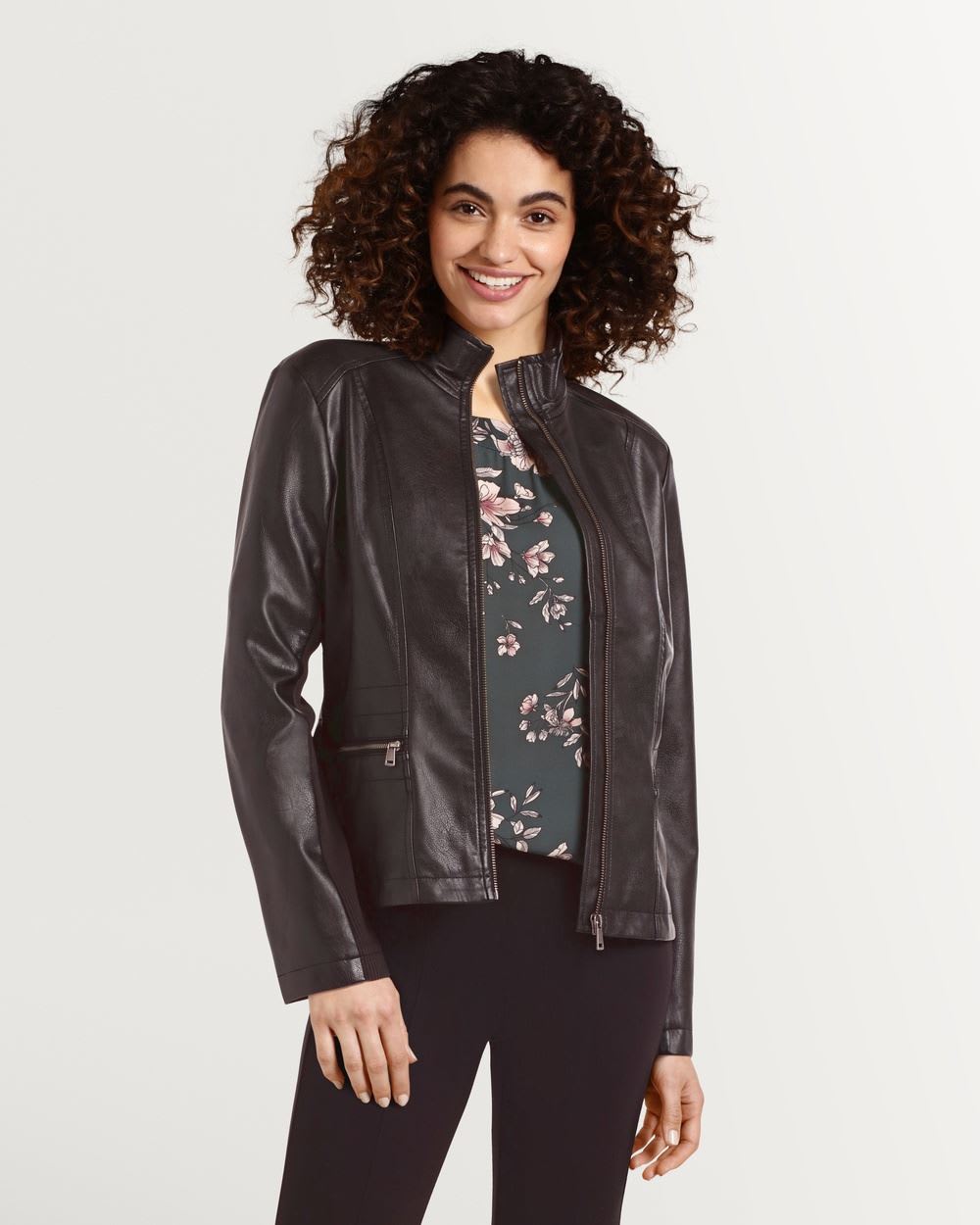Faux Leather Biker Jacket with Ribbed Accents
